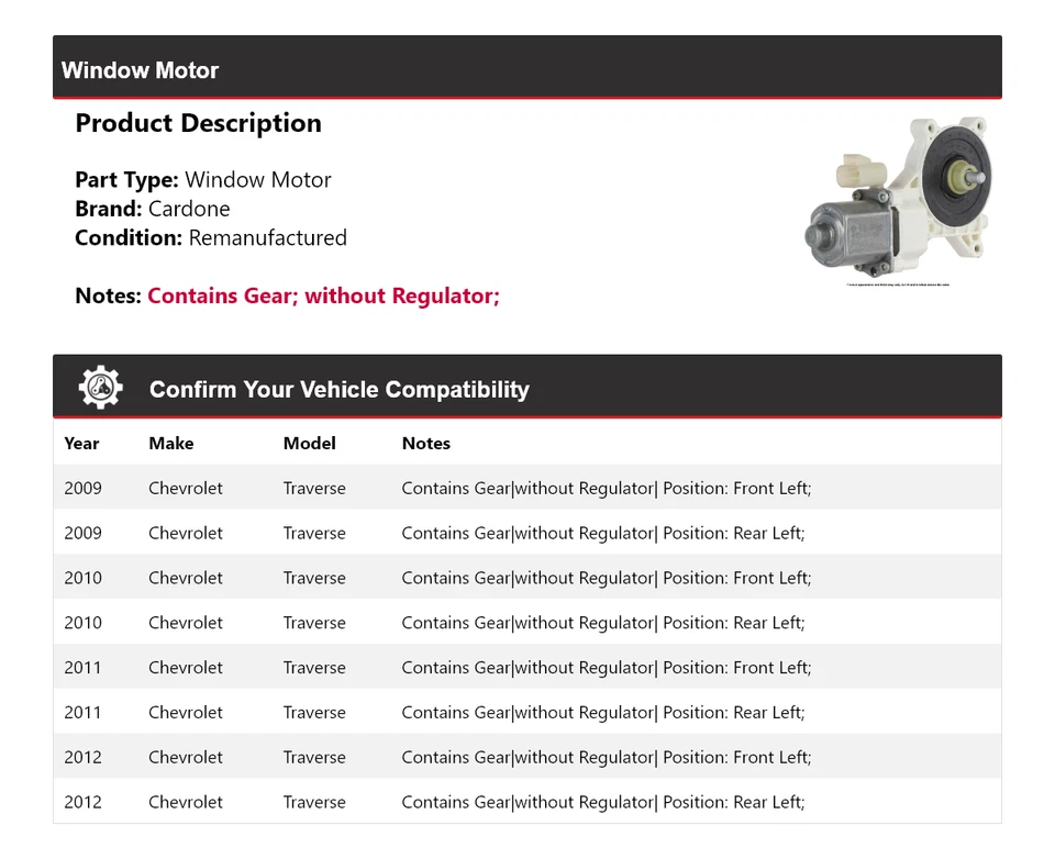 Chevrolet Traverse 2009-2012 ventana motor cardone 2010 2011 Foto 2 de 4