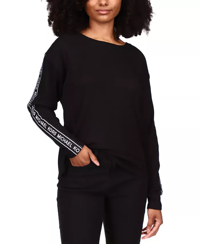 MICHAEL MICHAEL KORS Waffled Logo-Tape-Sleeve Waffled Crew Neck Top  Sz. S NWT