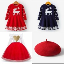 Kids Christmas Dress Long Sleeve Snowflake Deer Heart Print Girls New Year Hat