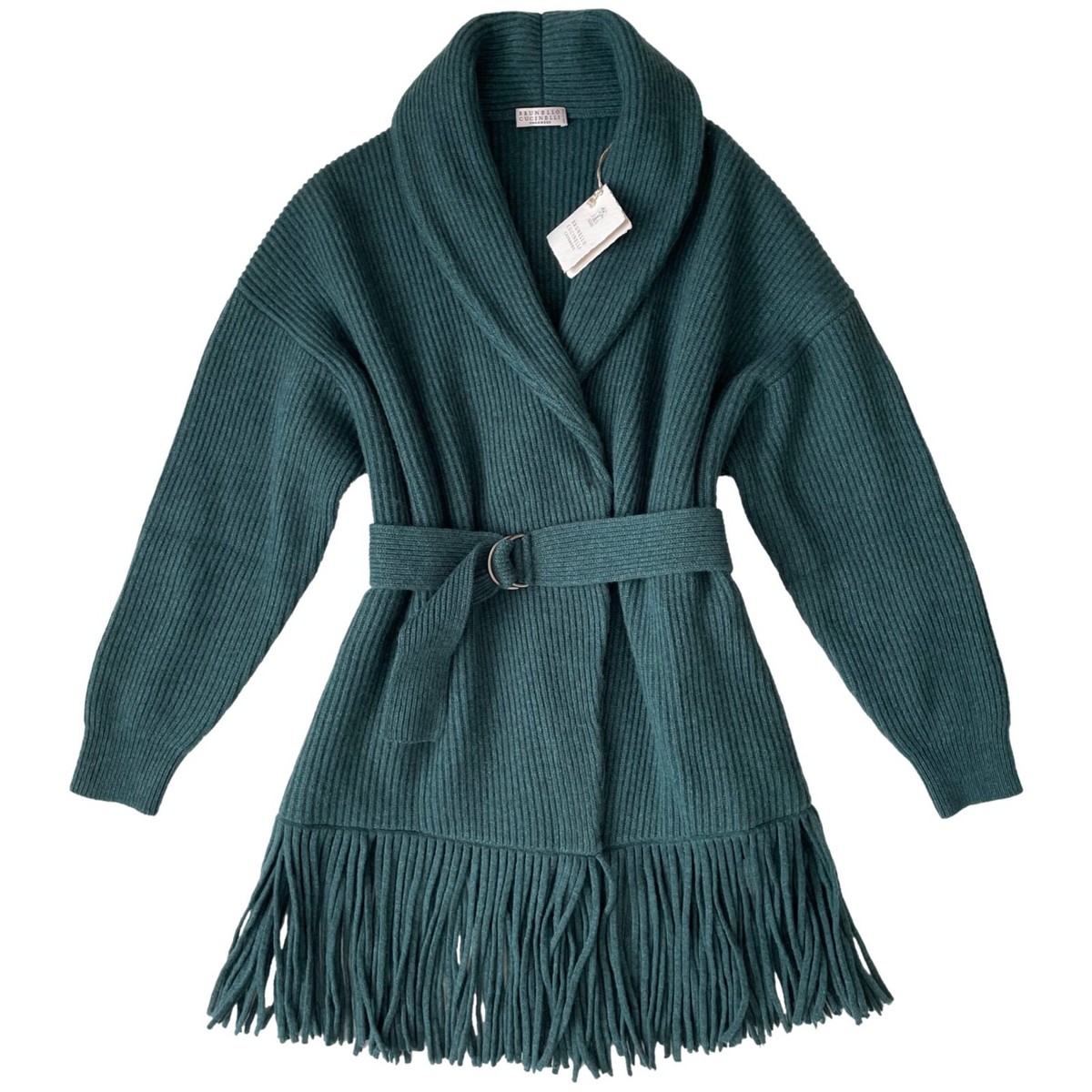 BRUNELLO CUCINELLI Cashmere Belted Cardigan Sweater Teal Medium M