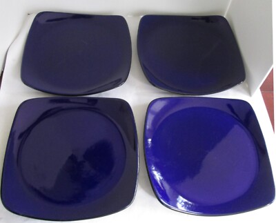 Set of 4 CORELLE HEARTHSTONE Stoneware Square Dinner Plates Cobalt
