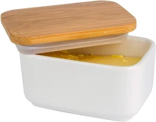 Porcelain Butter Dish with Lid,Ceramic Butter Dish with Bamboo Lip,Butter Keeper