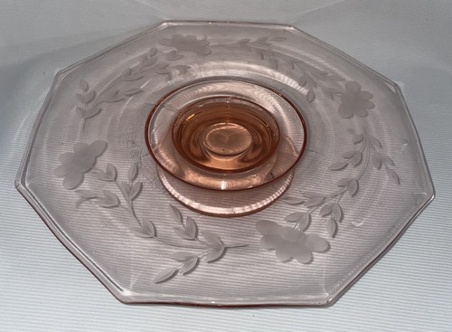 Vtg Pink Depression Glass Pedestal Cake Plate Octagonal Etched Flowers 2" - Picture 3 of 8