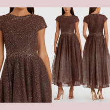 NWT Mac Duggal [ 4 ] 20371 Embellished Cap Sleeve A Line Dress Chocolate S1367