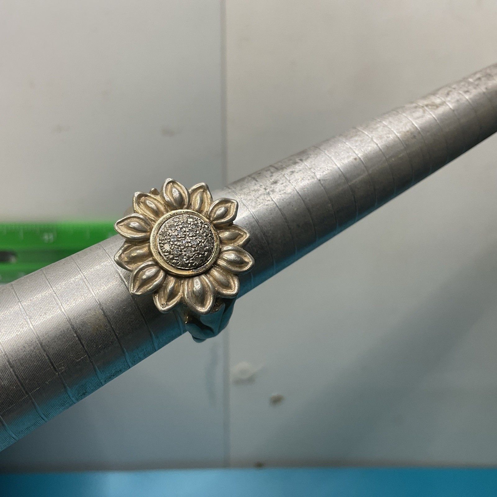 Sterling Silver ring rhinestone rosette flower ri… - image 9