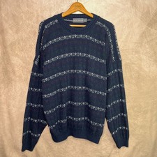 Vintage Striped Sweater 90s Geometric Knit Navy Long Sleeve Eclectic Grandpa
