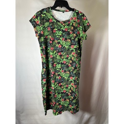 Tropical Floral Print T-Shirt Dress Short Sleeve Black Green Hibiscus Large