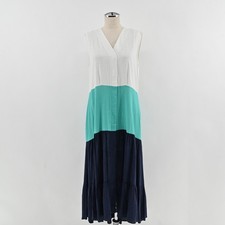 Halston Linen Colorblock Tiered Maxi Dress Womens Size S White Blue Sleeveless