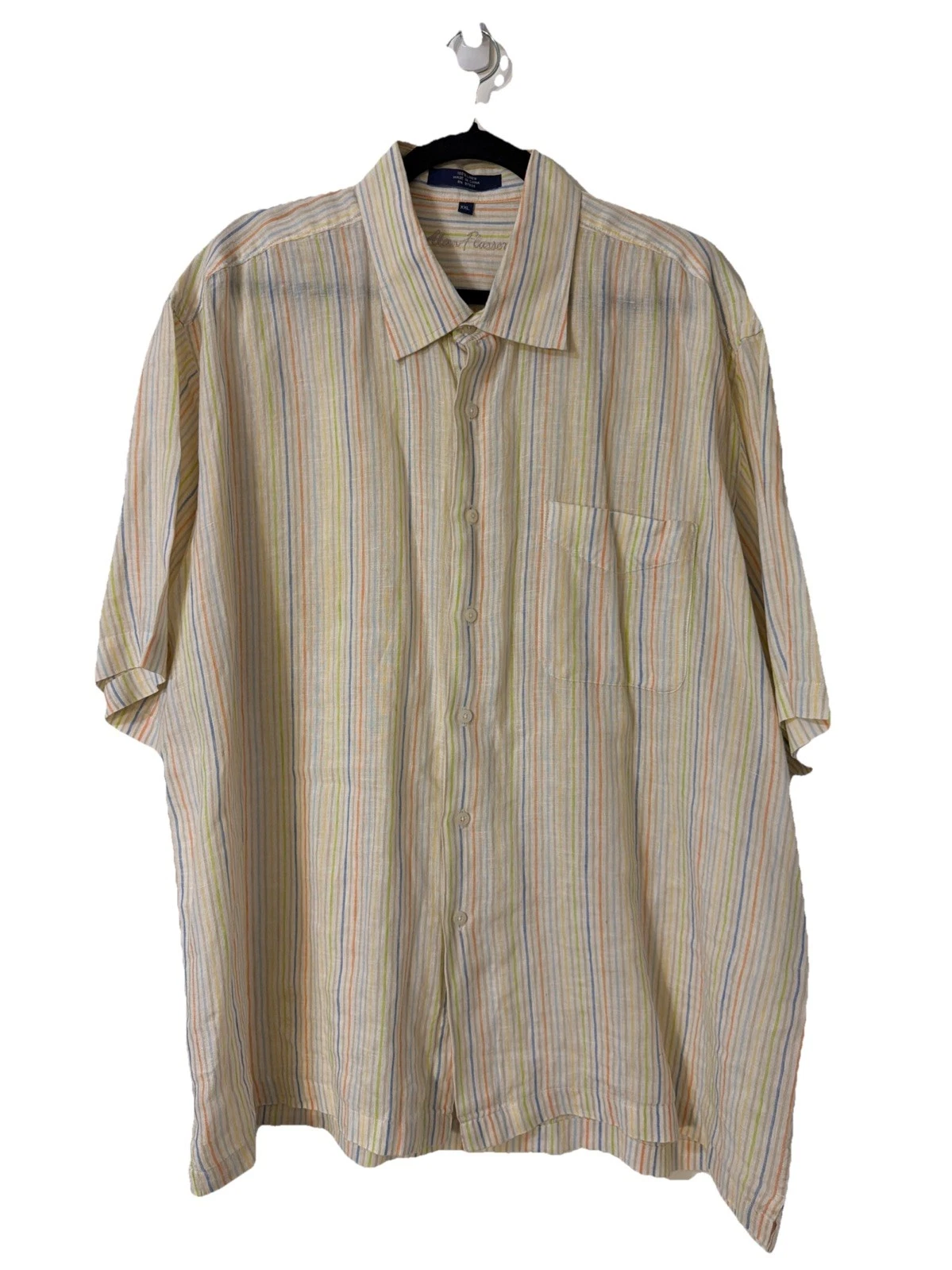 Alan Flusser Striped Short Sleeve Mens Button Up Shirt 100% Linen Boho Resortwea