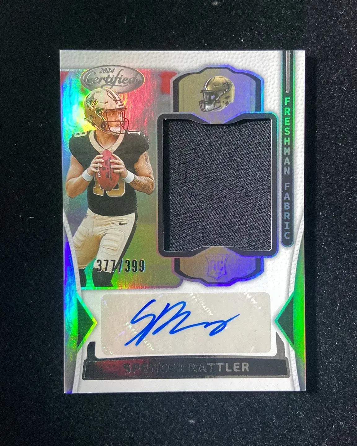 2024 Certified Freshman Fabric RPA Spencer Rattler RC Rookie Patch Auto /399 TOM