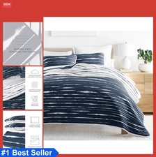 Navy 3 Piece Reversible Microfiber Quilt Set Full Queen Bedding Horizon Lines