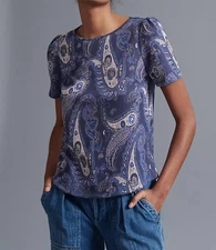 Anthropologie Top Womens S Demeter Blue Metallic Paisley Short Sleeve Tee Casual