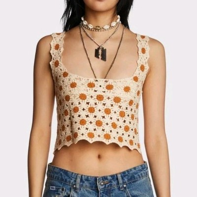 New In Crochet Tank Top S/M  Crop Colorful Floral Granny Square Boho Festival