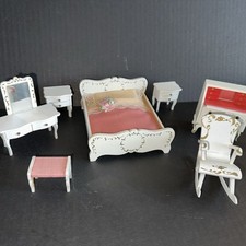 Gran Lote Vintage Juego de Dormitorio de Madera Lundby Blanco Rosa Rococó Tocador Silla de Escritorio