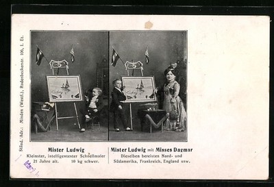 Mister Ludwig mit Misses Dagmar, kleinster Schnellmaler, Ansichtskarte 
