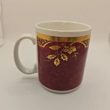Hallmark Mug Coffee Tea Cup Maroon Gold Leaf Hollyberry Sprig Vintage NOS