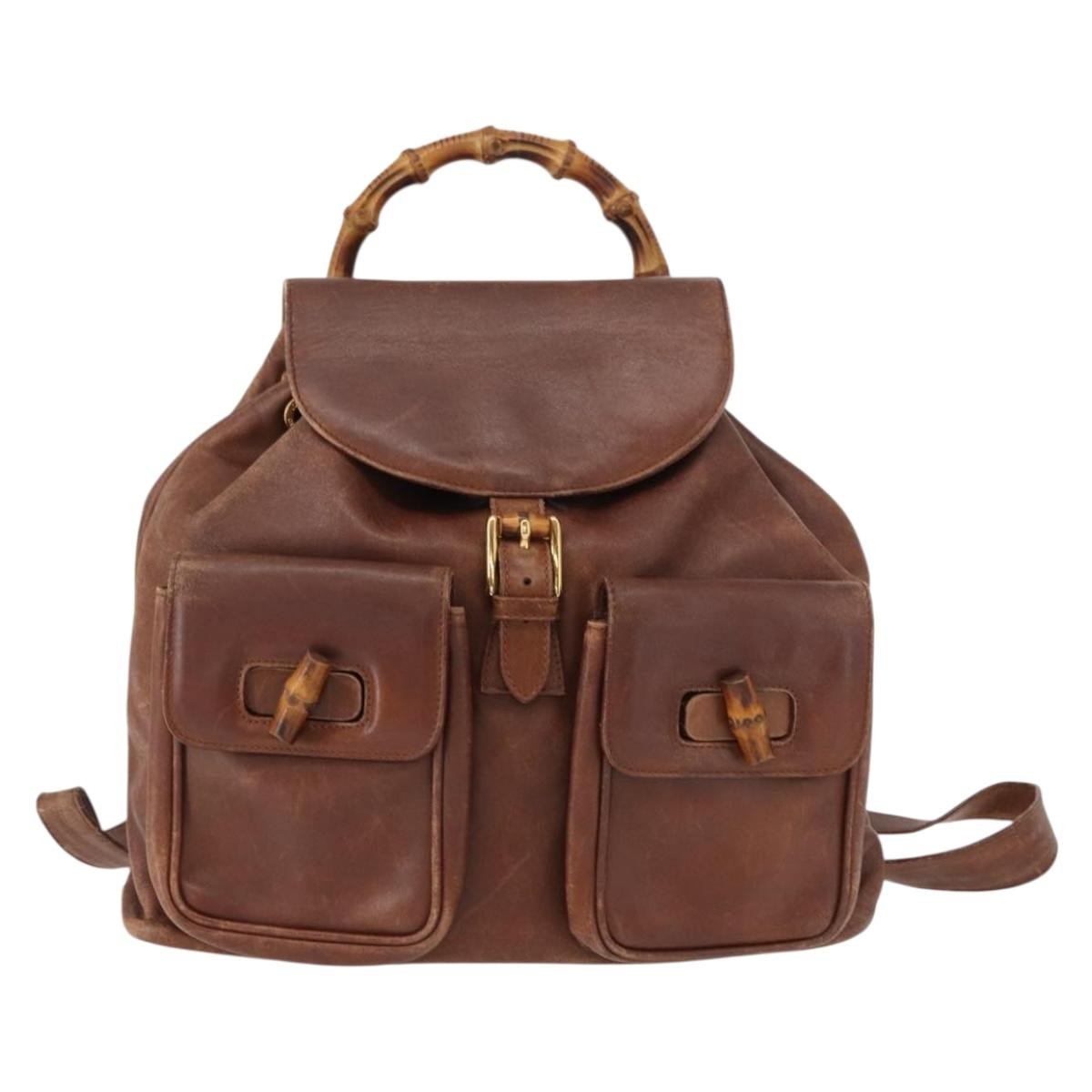 バッグ GUCCI Bamboo Leather Backpack Brown GUCCI Bamboo Backpack Leather Brown Gold 003 2058 0016 Auth 152053