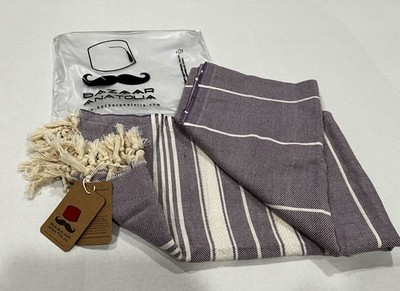 Bazaar Anatolia Purple/Cream Striped Turkish Towel Cotton Fringed Quick Drying