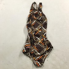 Vintage Speedo Swimsuit Womens 28 Brown Geometric One Piece Nylon Racerback USA