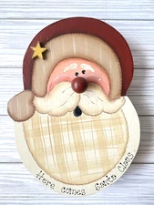 Primitive Santa Folk Art Wooden Plaque Hand Painted Rustic Christmas Decor