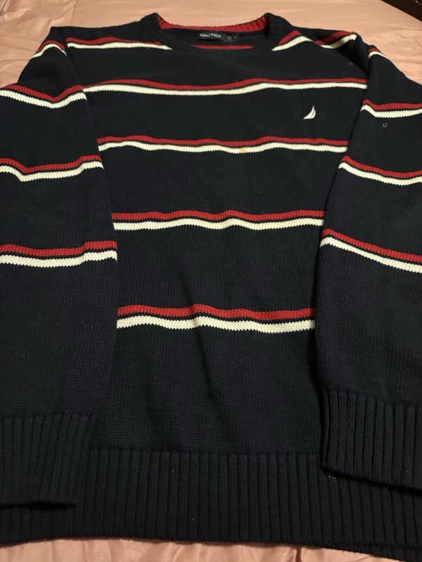 Men’s Náutica Crew Neck Sweater Navy Red & White Stripe Sz Large EUC 