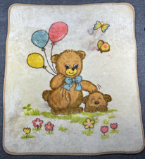 Vintage Baby Blanket Teddy Bear Balloons Plush Nursery Multicolor Soft