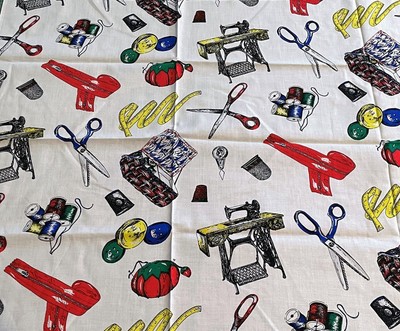 VTG LARGE SCALE Sewing Theme Sewing Machine  Buttons Thimble Scissors  44''x25''