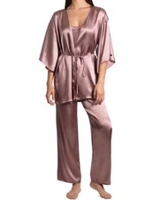 Linea Donatella Women's 3-Pc. Satin Fringe Sleep Set - Taupe, Small, MSRP 84