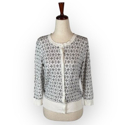 Halogen Black And White Micro Floral Knit Cardigan 3/4 Sleeve Medium Petite