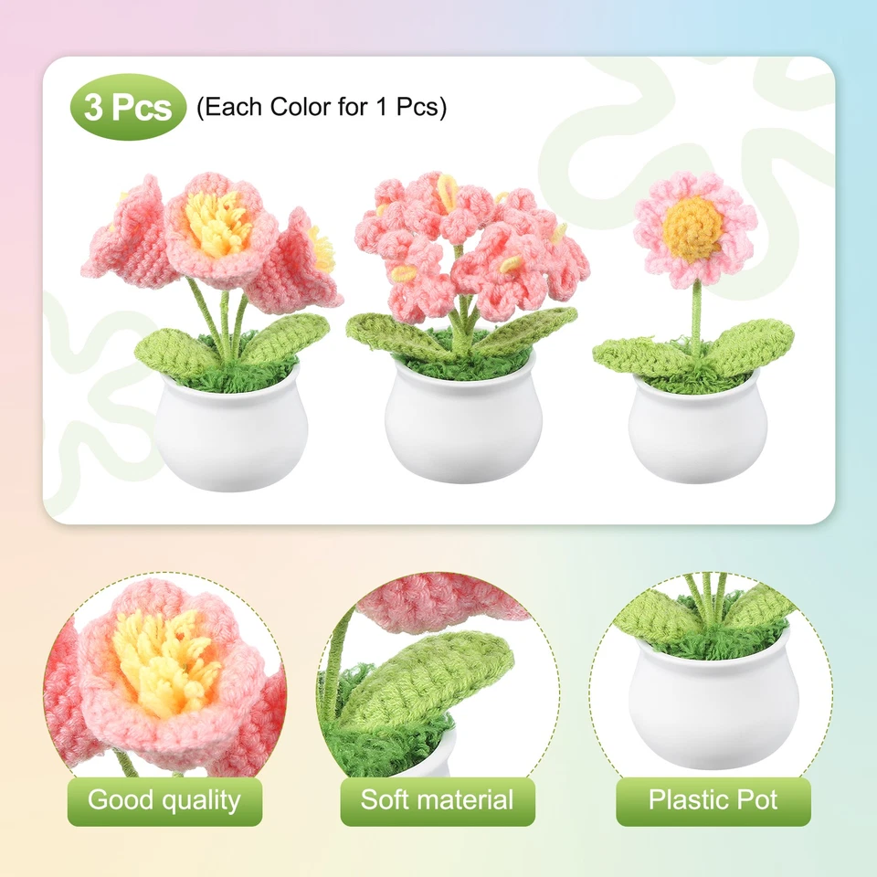 3 Pcs Crochet Flowers Potted Daisy Lily of the Valley Forget-Me-Not Knitted Foto 3 de 4
