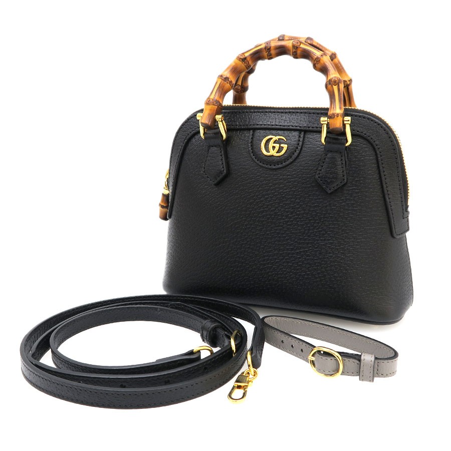 Gucci Diana Bamboo 2Way Leather Shoulder Bag Black 715775 Authentic