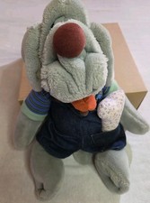 Vintage Ganzbros Wrinkles Gray Dog Hand Puppet Plush Overalls Striped Shirt