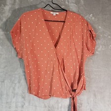 Madewell Wrap Tie Blouse Pink White Polka Dot V-Neck Short Sleeve Size M