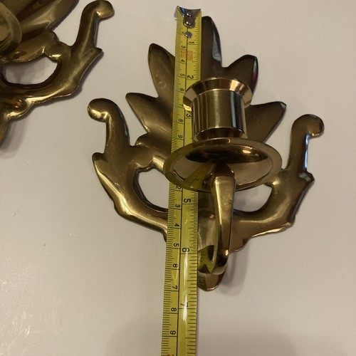 Vintage Brass Wall Sconces Set of 2 Taper Candlestick Holders Leaf MCM - Picture 2 of 8