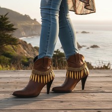 Women Antique Gold Metal Boot Chain Bracelet Shoe Anklet Ethnic Leaf Charms SET