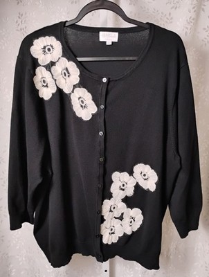JOSEPH A. Women's Light Cardigan Thin Knit Sweater Plus Sz 3X Black White Floral