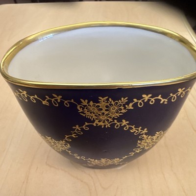 Lindner Echt Cobalt Porcelain Oval Bowl Blue Gold White Floral Germany