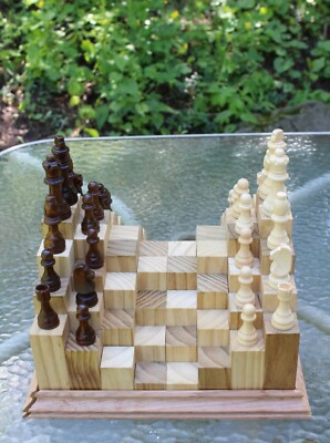 3D Handmade Pine Chess Set (Board 13,3/4'' by 13,3/4'';Ht 8''; Amerous Pieces 3.5'')
