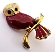 Broche chouette hibou couleur or émail rouge porte chance bijou vintage 2458