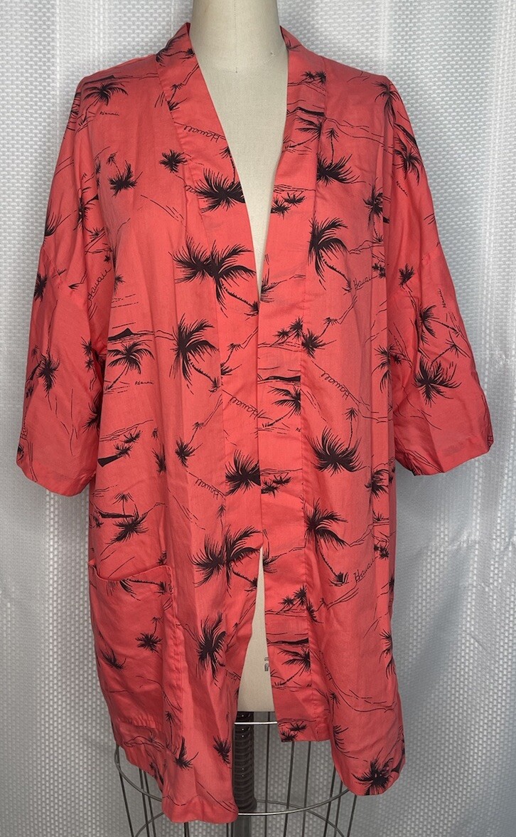 HILO HATTIE WOMEN'S KIMONO OPEN FRONT LONG SLEEVE PALM PRINT RED