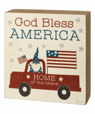 Primitives by Kathy ''God Bless America'' 4th of July Gnome Truck Block Sign
