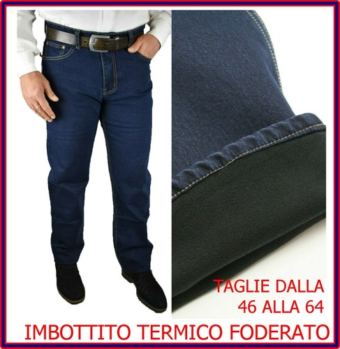jeans uomo imbottito felpati elasticizzato pantalone termico invernali pile  blu | eBay