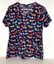 Zoe  Chloe Women  s S Small Scrub Top Nurse Vet Tech Dogs Navy Blue background