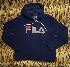 Navy Blue FILA Cozy Fleece Pullover Hoodie Embroidered Spell Out Size L EUC