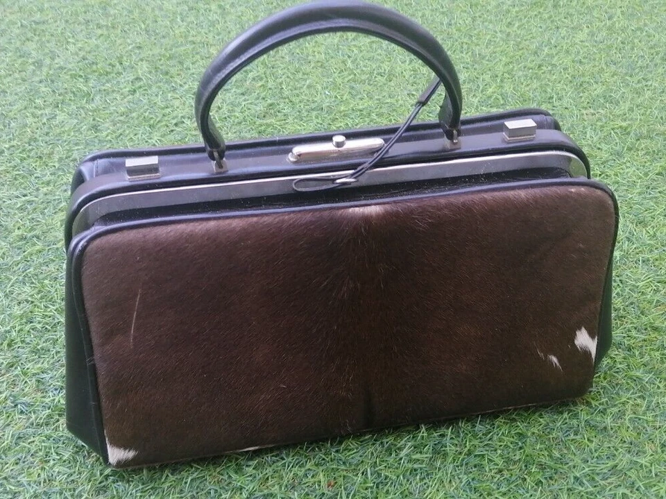 Vintage 70´s Woman handbags purse Brown leather & fur lady clutch with handle - Image 3 of 4