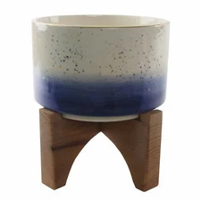 Flora Bunda Mid Century 7" Blue Ombre W Gold SPECKS Ceramic Pot Wood Stand