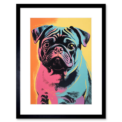 Niedlicher Mops Hund rosa türkis orange gelb Haustierportrait gerahmter Kunstdruck 12 x 16
