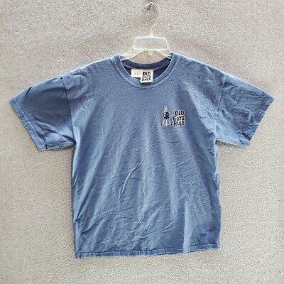 Old Guy Rule Men T-Shirt Large Blue Logo Graphic Smokin Hot And Seasoned Tee