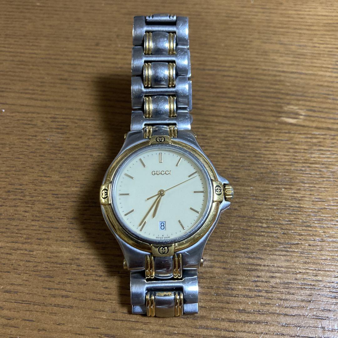used品 GUCCI グッチ 9040M QZ クオーツ デイト 3針 黒文字盤 SS  
