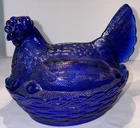 Vintage Fenton Cobalt Blue Hen On Nest HON Covered Candy Dish 6.5”L Split Tail